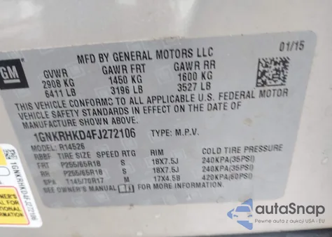 2015 Chevrolet Traverse 2Lt из США, поврежденный, VIN 1GNKRHKD4FJ272106